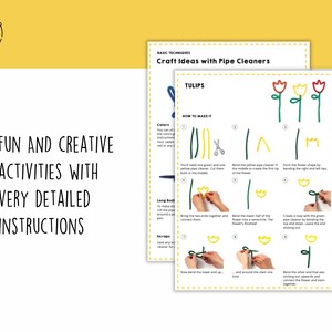 May include: A printable craft activity sheet with instructions on how to make tulips using pipe cleaners. The sheet includes a color guide, a list of materials, and step-by-step instructions with illustrations.