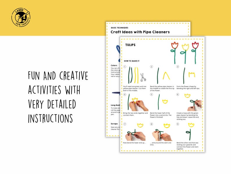 May include: A printable craft activity sheet with instructions on how to make tulips using pipe cleaners. The sheet includes a color guide, a list of materials, and step-by-step instructions with illustrations.