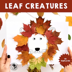 以下が含まれることがあります： ライオンの輪郭が描かれた白い紙に、カラフルな秋の葉が飾られています。ページの上部には「LEAF CREATURES」というテキストが、右下には「08 TEMPLATES」というテキストがあります。