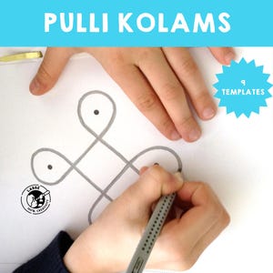 Op de afbeelding: Een kinderhand tekent een grijze lijn op een wit vel papier met een grijze stift. Het papier heeft een grijs geometrisch ontwerp met drie zwarte stippen. Het papier heeft een blauwe stervormige sticker met de tekst "9 Sjablonen" in wit.