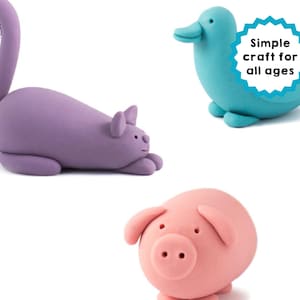 May include: Three colorful clay animal figurines: a purple cat, a blue duck, and a pink pig. The duck is facing right, the cat is lying down, and the pig is standing. A blue starburst with the text "Simple craft for all ages" is in the upper right corner.