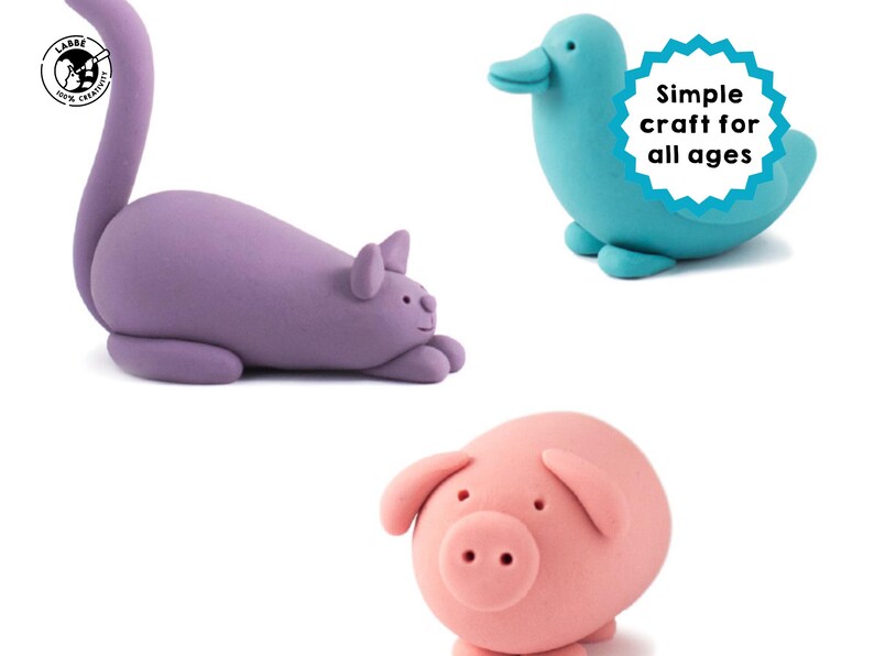 May include: Three colorful clay animal figurines: a purple cat, a blue duck, and a pink pig. The duck is facing right, the cat is lying down, and the pig is standing. A blue starburst with the text "Simple craft for all ages" is in the upper right corner.