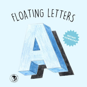 Puede incluir: Una letra A en 3D azul y negra, con sombra, sobre un fondo azul claro. El texto "FLOATING LETTERS" está en la parte superior de la imagen. Un estallido de estrella azul con el texto "INSTANT DOWNLOAD" está en la esquina superior derecha.