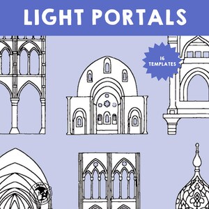 May include: A set of 16 light portal templates, featuring various architectural styles, including arched doorways, windows, and domes. The templates are black and white line drawings on a light purple background.