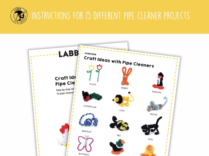 May include: A printable sheet with instructions for 15 different pipe cleaner craft projects. The sheet includes images of the finished projects, such as a caterpillar, a lion, a mouse, a bee, a dog, a butterfly, and a bracelet.
