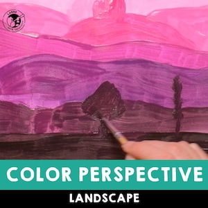 May include: A painting of a landscape with a pink and purple sky, brown hills, and dark green trees. The text "COLOR PERSPECTIVE LANDSCAPE" is at the bottom of the image.