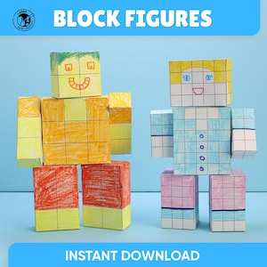 以下が含まれることがあります： 紙のキューブで作られた2体のブロックフィギュア。左のフィギュアは緑色の髪の黄色い頭、オレンジ色の胴体、赤い脚をしています。右のフィギュアは黄色い頭、紫色のボタンが付いた水色の胴体、ピンク色の脚をしています。どちらもグリッド線が描かれています。