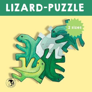 以下が含まれることがあります： 緑、黄色、白のトカゲのパズルで、画像には「LIZARD-PUZZLE」と「2 sizes」の文字が書かれています。