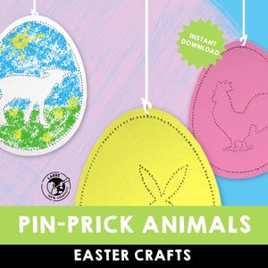 May include: Three printable Easter egg templates for pin-prick crafts. The designs include a lamb, a rooster, and a bunny rabbit. The text "INSTANT DOWNLOAD" is visible in the image.
