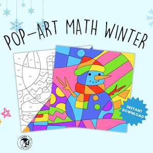 May include: Pop-Art Math Winter coloring page featuring a snowman with a colorful geometric design. The page includes a grid with numbers to color by.