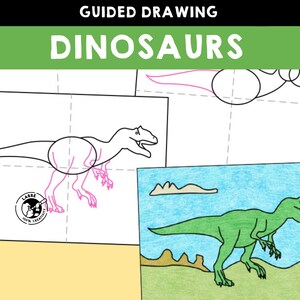 Puede incluir: Una actividad de dibujo guiado para niños con dinosaurios. La imagen muestra una guía paso a paso para dibujar un dinosaurio, con un dibujo terminado de un dinosaurio verde en un paisaje.