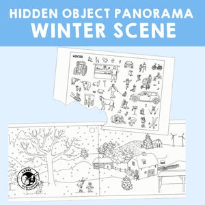Peut inclure: Une illustration en noir et blanc d'une scène d'hiver avec une maison, des arbres et une personne faisant du patin à glace. L'image fait partie d'un jeu de recherche d'objets cachés avec une liste d'objets à trouver.