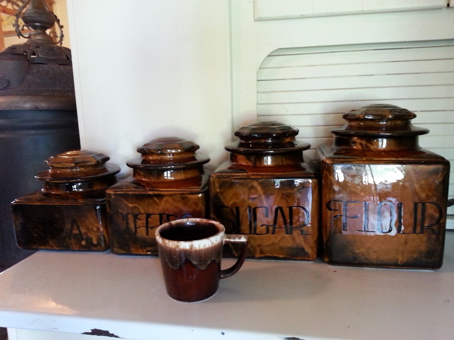 Pottery canister set brown glaze drip ware look kitchen decor Etsy