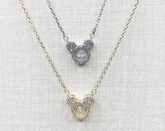 Mickey Mouse Pendant Necklace, 14K Gold Plated, Cubic Zirconia Charm