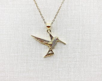 Gold Kolibri Anhänger Halskette, Gold Kolibri Halskette, Gold Kolibri Schmuck, Tier Charm Anhänger, Tierliebhaber