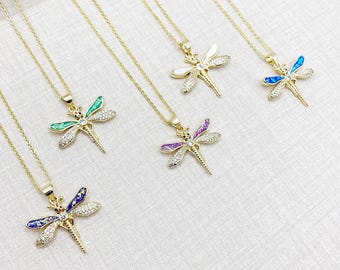 14K Gold Plated Dragonfly Pendant Necklace, Cubic Zirconia Wings, 5 Colors