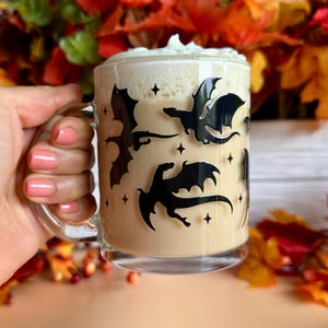 Black Dragons Glass Mug, Fantasy Dragon Coffee Mug, Black Dragon Drinkware, Coffee Mug with Dragons, Gift for Book Lover, Dragon Mug Gift