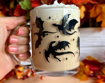 Black Dragons Glass Mug, Fantasy Dragon Coffee Mug, Black Dragon Drinkware, Coffee Mug with Dragons, Gift for Book Lover, Dragon Mug Gift