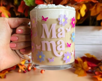 Mama Clear Glass Mug, Spring Glass Mug for Mom, Mother's Day Gift, Glass Mug for Mom, Floral Glass Mug for Mom, New Mom Gift