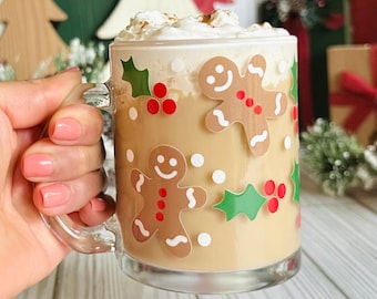 Gingerbread Man Glass Coffee Mug, Festive Mug, Christmas Holiday Glass Mug, Holiday Gingerbread Mug