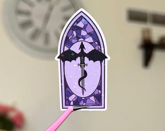 Dragon Sword Holographic Sticker, Fantasy Dragon Sticker, Dragon Holographic Sticker, Purple Stained Glass Window Sticker, Dragon Kindle