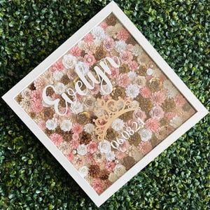 Quinceanera Gift, Paper Flower Shadow Box, Floral Shadow Box Gift, Sweet 16 Gift, Pink White & Rose Gold Flowers, Custom Gift for Quince