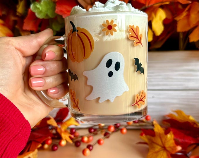 Pumpkin Ghosts Glass Mug, Spooky Season Coffee Cup, Halloween Ghost & Pumpkin Glass, Cute Ghosts Coffee Mug, Spooky Season Ghost Cup