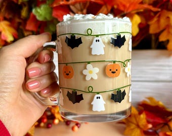 Halloween String Lights Glass Mug, Spooky Ghosts & Pumpkins Mug, Ghosts and Bats Glass Mug, Spooky Gifts for Her, Boo Glass Mug Gift