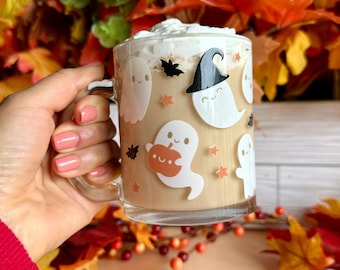 Cute Kawaii Ghosts Glass Mug, Halloween Witch Hats Ghosts Mug, Glass with Ghosts Coffee Mug, Halloween Coffee Lover Gifts, Cute Spooky Mug