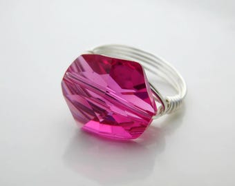 Fuchsia Swarovski Crystal Ring. Hot Pink Ring. Swarovski Cosmic Crystal Bead Ring, Pink Swarvoski Ring. Hot Pink Jewelry Rings, To Order