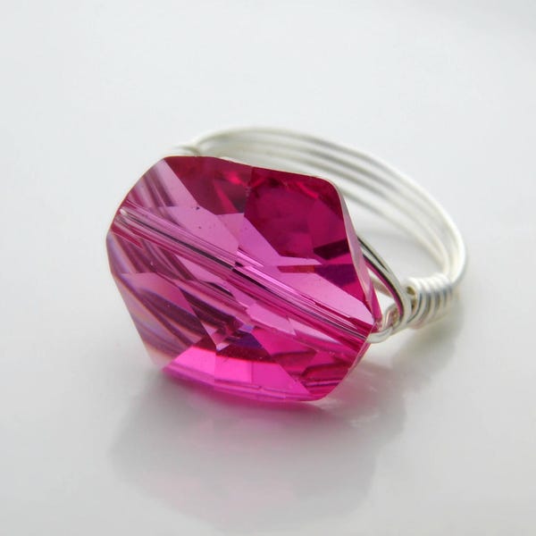 Fuchsia Swarovski Crystal Ring. Hot Pink Ring. Swarovski Cosmic Crystal Bead Ring, Pink Swarvoski Ring. Hot Pink Jewelry Rings, To Order