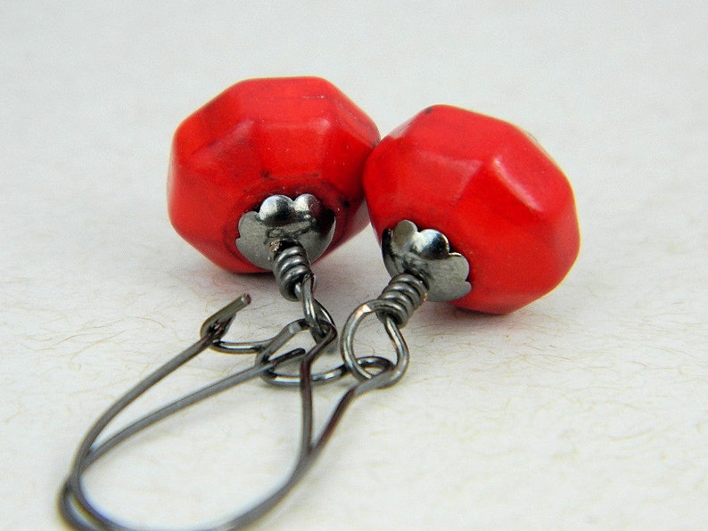 Red Earrings Vintage Look Red Gemstone, Red Turquoise, Rustic, Antiqued, Gun Metal, Old look, Love, Oxblood, Jewelry Earrings, Jewelry image 1