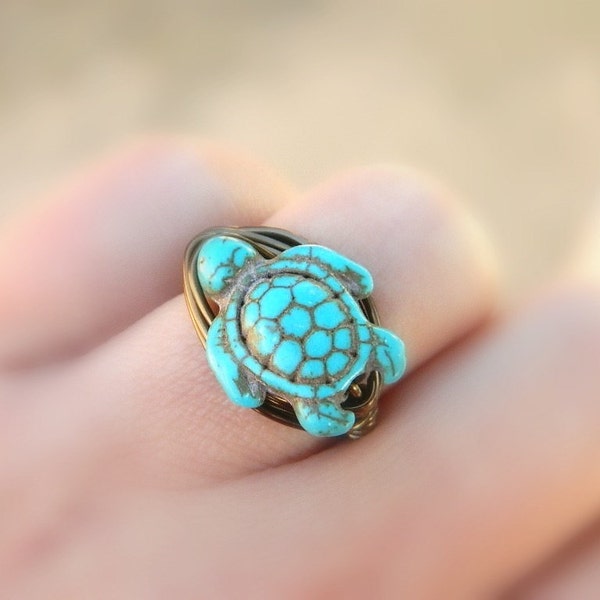 Bague tortue turquoise. Bague turquoise. Boho Jewelry, À l’ordre. Bleu, Aqua Ocean, Mer, Brun, Bagues Boho, Bagues Bijoux Animaux, Turquoise