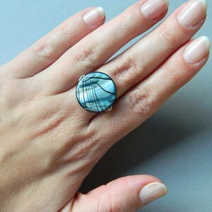 Shell Ring, Blue Striped Shell Ring Mother of Pearl Rings. Black Grey Teal Silver Ring. Night Ocean Unique Ring. Jewelry Rings, To Order image 4