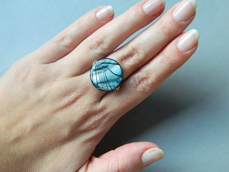 Shell Ring, Blue Striped Shell Ring Mother of Pearl Rings. Black Grey Teal Silver Ring. Night Ocean Unique Ring. Jewelry Rings, To Order image 4