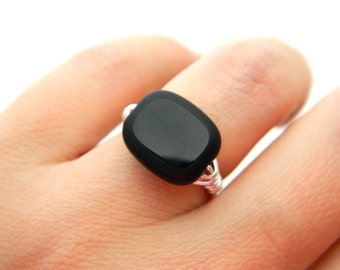 Black Jet Ring. Black Ring. Jet Matte Edge Glass Ring. Elegant Flat Black Ring. Black Night Ring. Jewelry Rings, Cocktail Rings. To Order