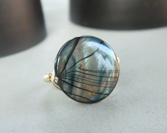 Shell Ring, Blue Striped Shell Ring - Mother of Pearl Rings. Black Grey Teal Silver Ring. Night Ocean Unique Ring. Jewelry Rings, To Order