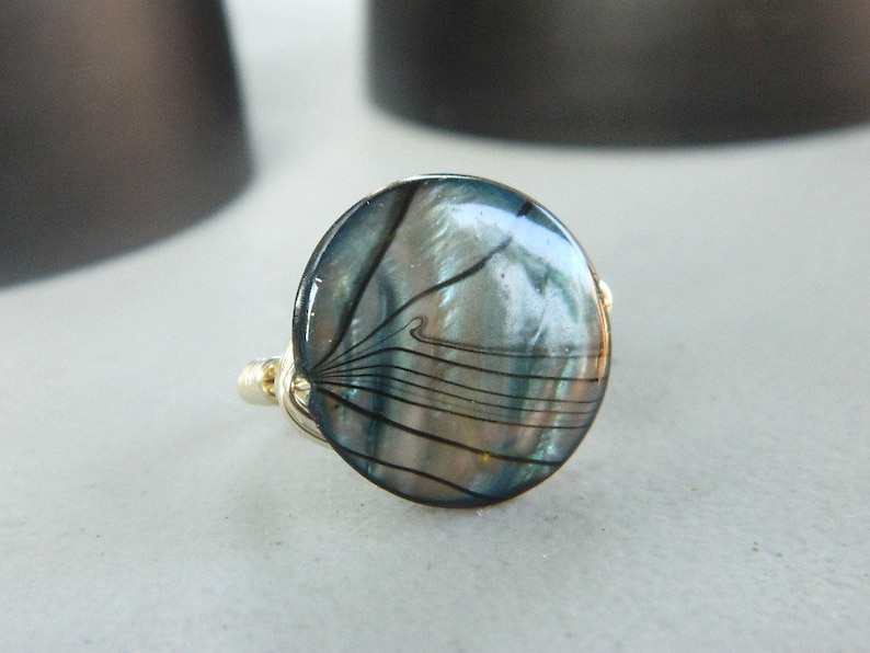 Shell Ring, Blue Striped Shell Ring Mother of Pearl Rings. Black Grey Teal Silver Ring. Night Ocean Unique Ring. Jewelry Rings, To Order image 1