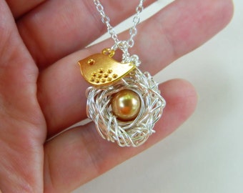 One Child Bird's Nest Necklace. Sterling Silver Nest, Swarovski Pearls, One Kid Egg, Gold, Golden Silver Bird Nest, Egg Pearls, Mother's Day