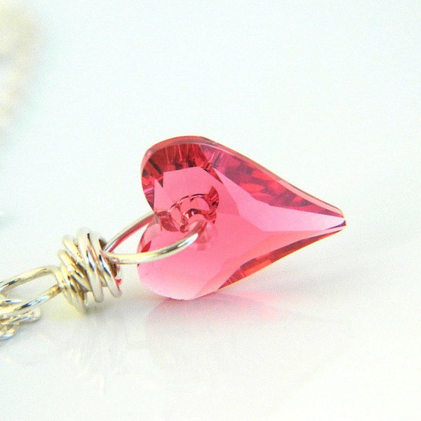 Heart Necklace - Love, Indian Pink Crystal, Sterling Silver, Romantic, Romance, Jewelry, Valentine's Day, Heart Jewelry, Jewelry Necklace