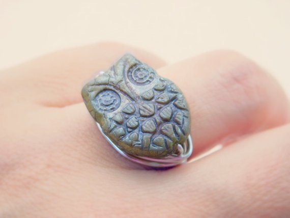 Owl Ring, Opaque Owl Czech Bead Ring. Owl Green Ring, Owl Tribal Boho Rings, To Order, Animal Jewelr