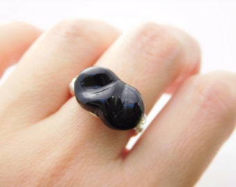 Black Ring. Black Silver Ring. Black Czech Glass Ring. Black Stone Ring. Black Bead Boho Ring. Jewelry Rings, Cocktail Rings. Ring to Order