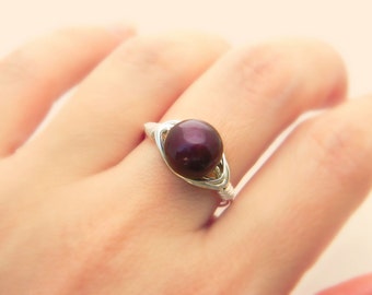 Swarovski Pearl Ring. Size 8. Blackberry Pearl Ring. Silver Berry Pearl Rings, Plum Bridesmaid Rings. Wedding Pearl Ring. Jewelry Pearl Ring