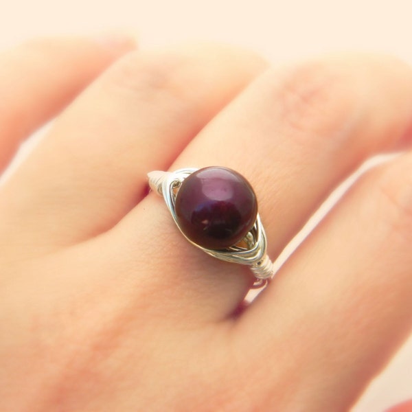 Swarovski Pearl Ring. Size 8. Blackberry Pearl Ring. Silver Berry Pearl Rings, Plum Bridesmaid Rings. Wedding Pearl Ring. Jewelry Pearl Ring