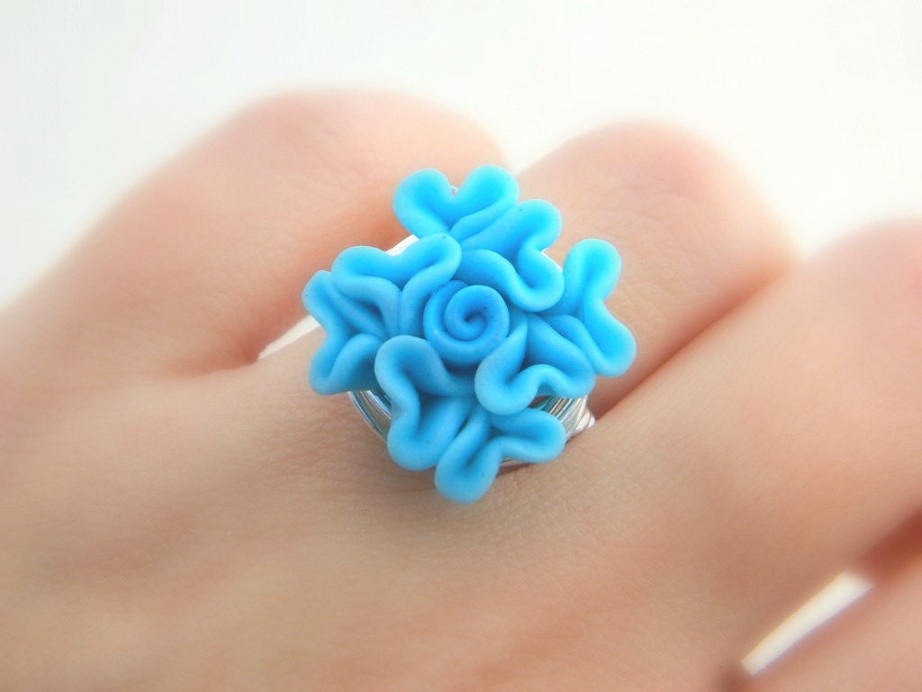Polymer Clay Ring To Order Blue Flower Rose Light Blue Etsy