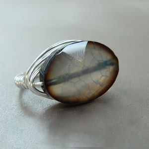 Wire Wrapped Ring - To Order - Stone, Crystal, Grey, Gray, Shadow, Cloudy, Light Grey, Bright, Bride, Bridal, Night, Romantic, Lovely