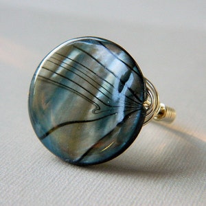 Shell Ring, Blue Striped Shell Ring Mother of Pearl Rings. Black Grey Teal Silver Ring. Night Ocean Unique Ring. Jewelry Rings, To Order image 5