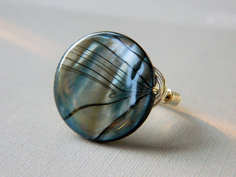 Shell Ring, Blue Striped Shell Ring Mother of Pearl Rings. Black Grey Teal Silver Ring. Night Ocean Unique Ring. Jewelry Rings, To Order image 5