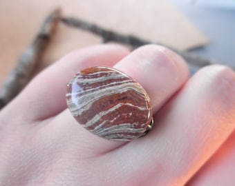 Brown Stone Ring, Zebra Jasper Gemstone Ring, Brass, Brown Ring, Rustic Oval Ring, Oval Ring, Nature Ring, Brown and Cream Ring, Ring Size 7