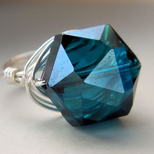 Teal Sapphire Glass Handmade Ring. Big Teal Glass Ring. Attractive and Heavy Rings. Jewelry Rings. Gabeadz. Big Glass Ring